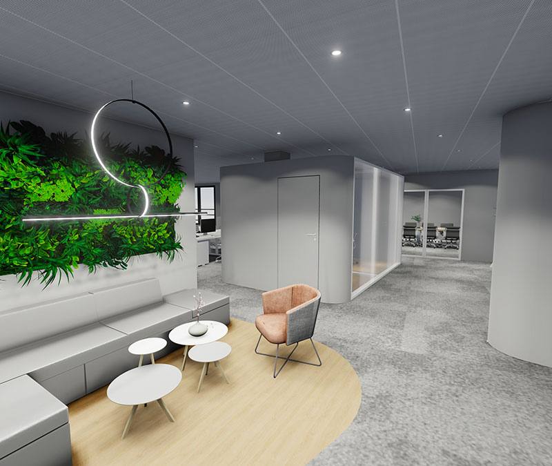 Mur végétal et matériaux à faible empreinte dans un bureau