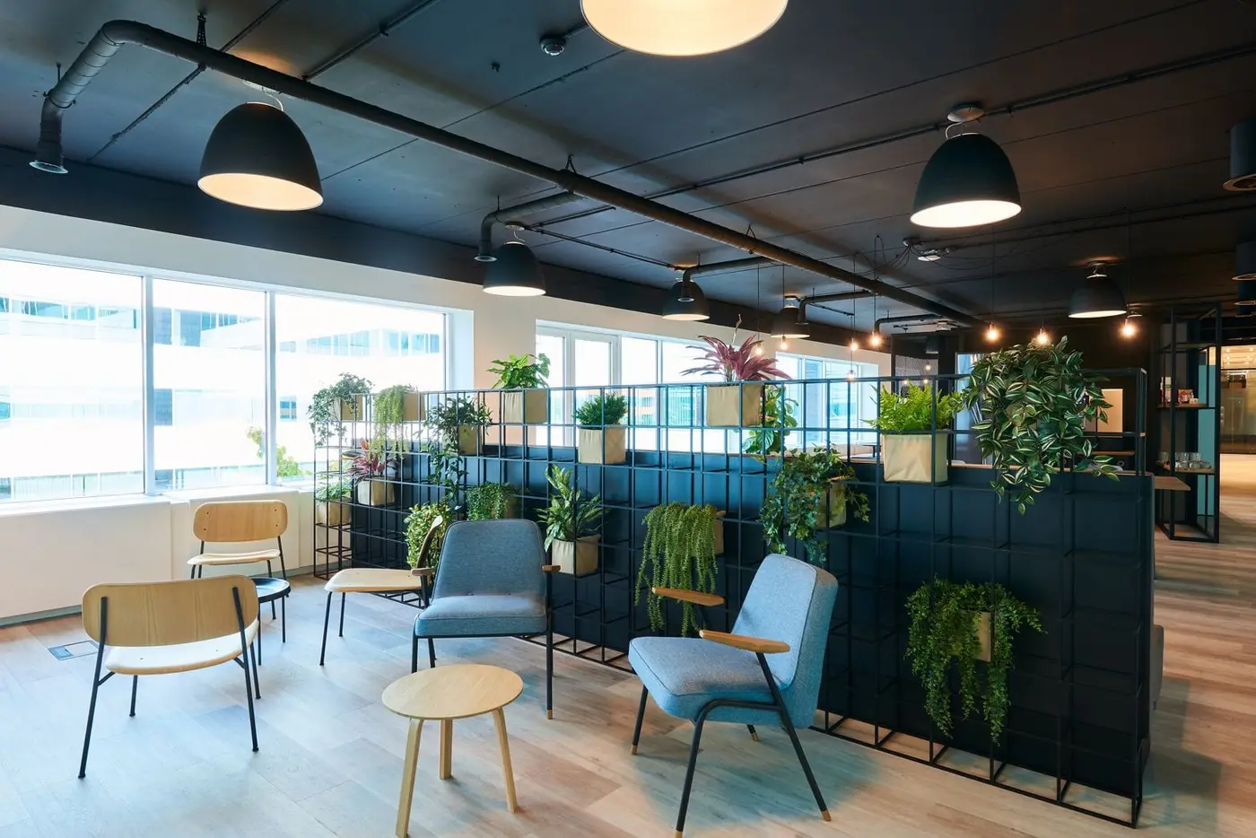 Poste de travail et plantes vertes dans un bureau aménagé à Diegem · aménagement de bureaux